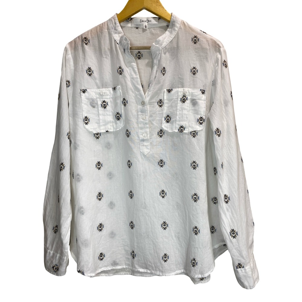 Eden &‎ Olivia 100% Cotton Southwestern Blouse Size L White Boho Western Top
